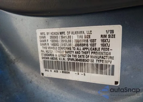 2009 Honda Odyssey Ex из США, поврежденный, VIN 5FNRL38489B042132